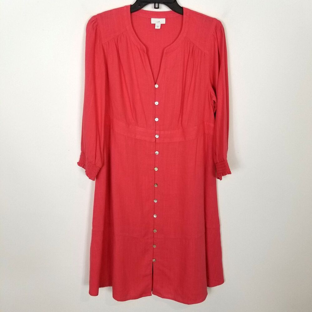 J.Jill‎ Women's  Linen Button Front Midi Dress Sz S Guava Pink Coastal Summer